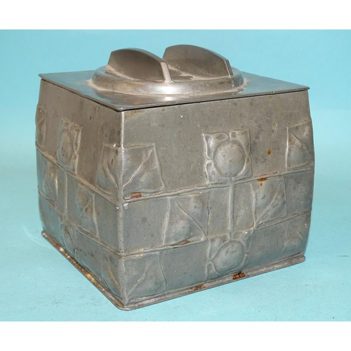 218 - Archibald Knox for Liberty & Co, a Tudric pewter biscuit box and cover of square form, with thre... 