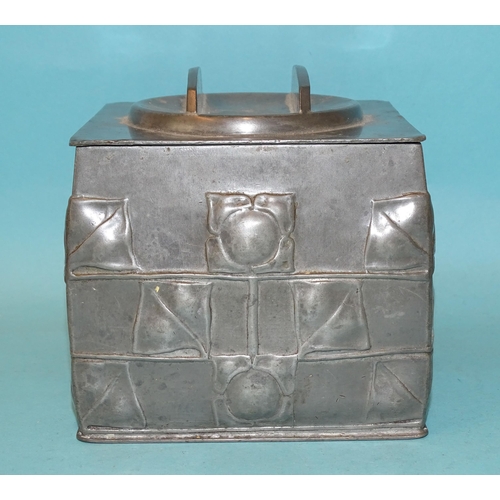 218 - Archibald Knox for Liberty & Co, a Tudric pewter biscuit box and cover of square form, with thre... 