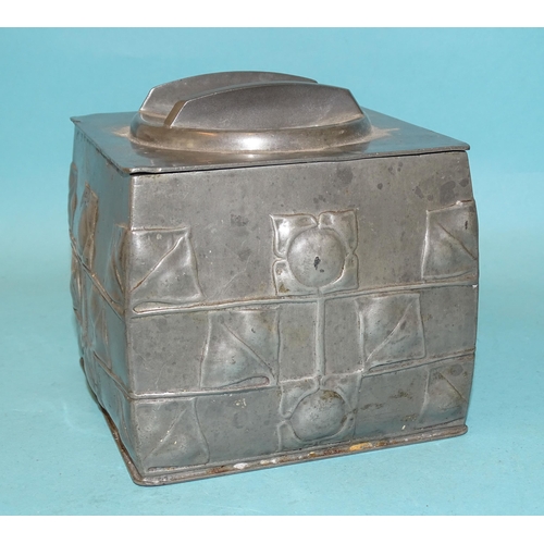 218 - Archibald Knox for Liberty & Co, a Tudric pewter biscuit box and cover of square form, with thre... 