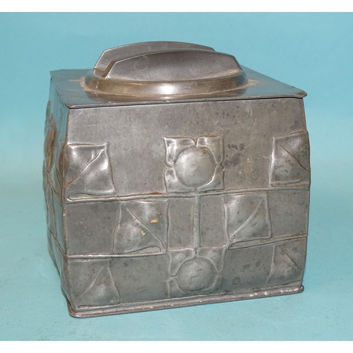 218 - Archibald Knox for Liberty & Co, a Tudric pewter biscuit box and cover of square form, with thre... 