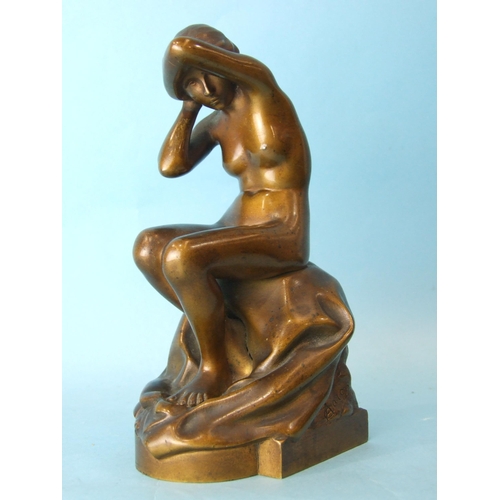 221 - C Aaron, a bronze figure of a seated nude female shielding her face with her left arm, 17cm high, si... 