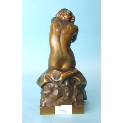 221 - C Aaron, a bronze figure of a seated nude female shielding her face with her left arm, 17cm high, si... 