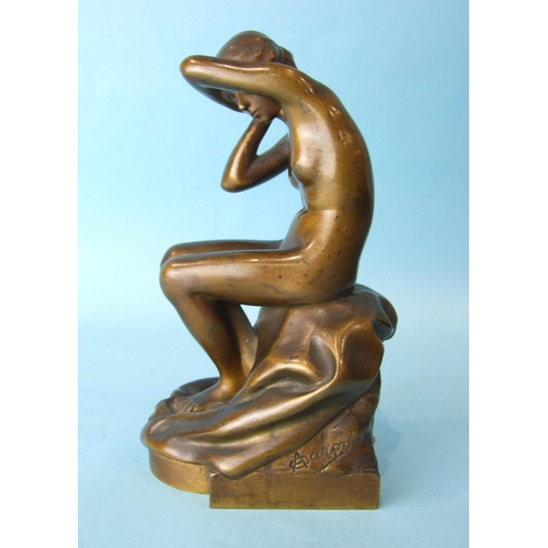 221 - C Aaron, a bronze figure of a seated nude female shielding her face with her left arm, 17cm high, si... 