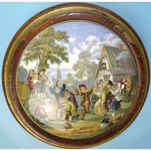 239 - A Prattware pot lid 'The Village Wedding', 13.5cm diameter and four miniature or silhouette frames, ... 