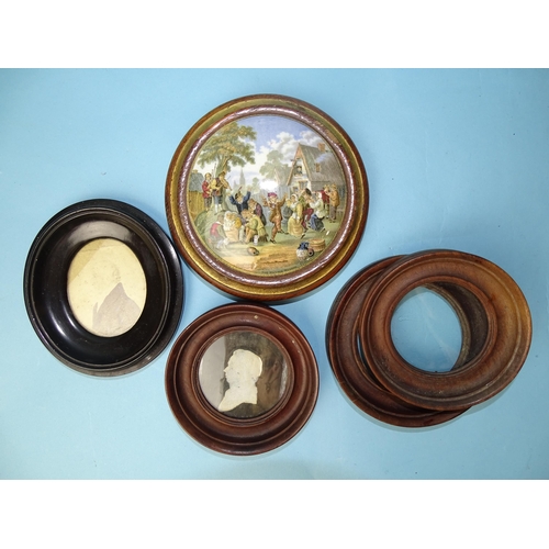 239 - A Prattware pot lid 'The Village Wedding', 13.5cm diameter and four miniature or silhouette frames, ... 