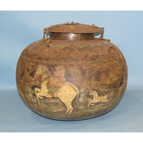 243 - An antique Asian metal spherical food or water container painted with figures riding elephants, tige... 