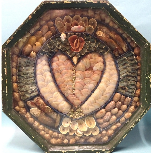 248 - A Victorian sailors shell Valentine in double octagonal case, (hinge missing), one with a bird withi... 