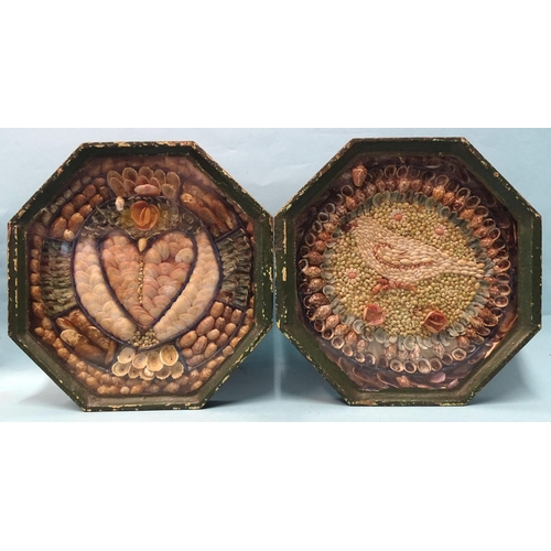 248 - A Victorian sailors shell Valentine in double octagonal case, (hinge missing), one with a bird withi... 