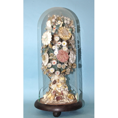 250 - A Victorian shell floral display in the form of a tree, under glass dome, (dome broken), 41cm high o... 