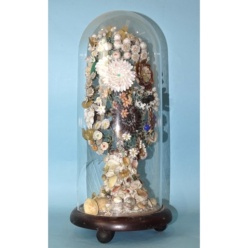 250 - A Victorian shell floral display in the form of a tree, under glass dome, (dome broken), 41cm high o... 