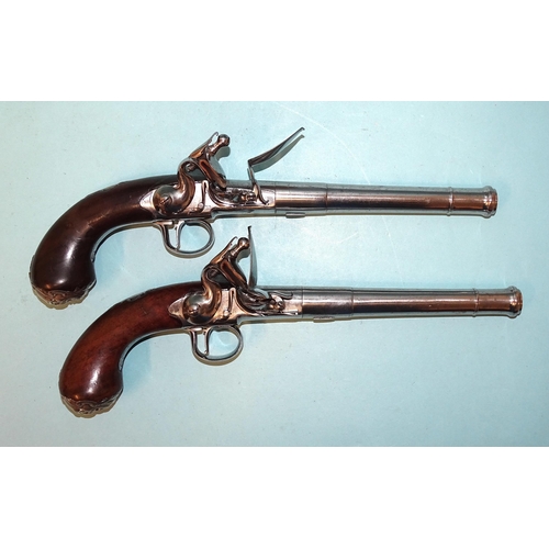 255 - A pair of 18th century flintlock cannon-barrelled pistols by Pounce, London, each with torn-off barr... 