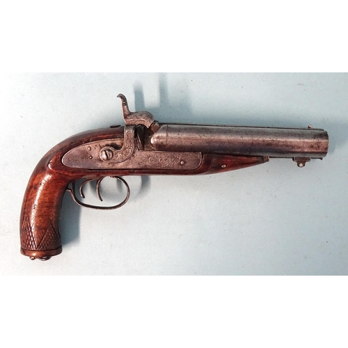 257 - A 19th century percussion double-barrelled pistol with 12cm barrels and walnut stock, 23cm overall a... 