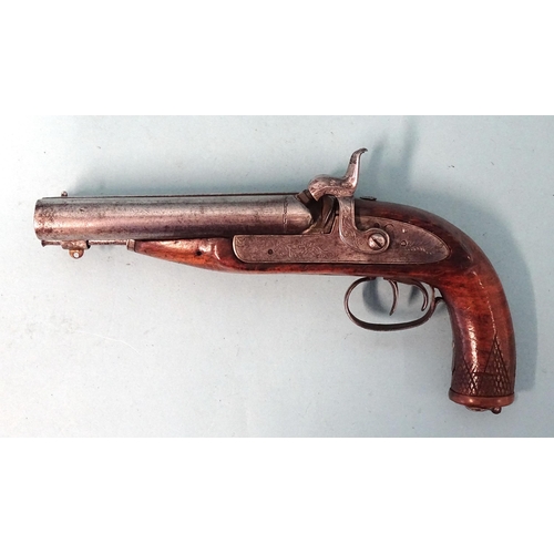 257 - A 19th century percussion double-barrelled pistol with 12cm barrels and walnut stock, 23cm overall a... 