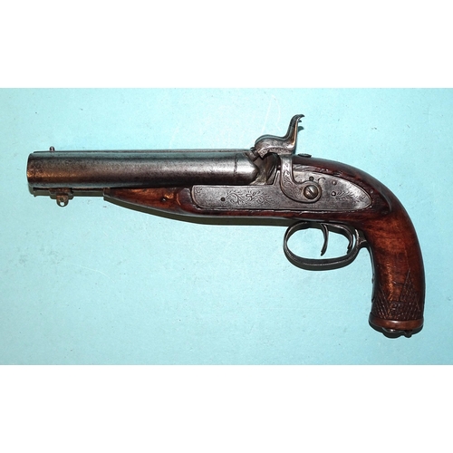 257 - A 19th century percussion double-barrelled pistol with 12cm barrels and walnut stock, 23cm overall a... 