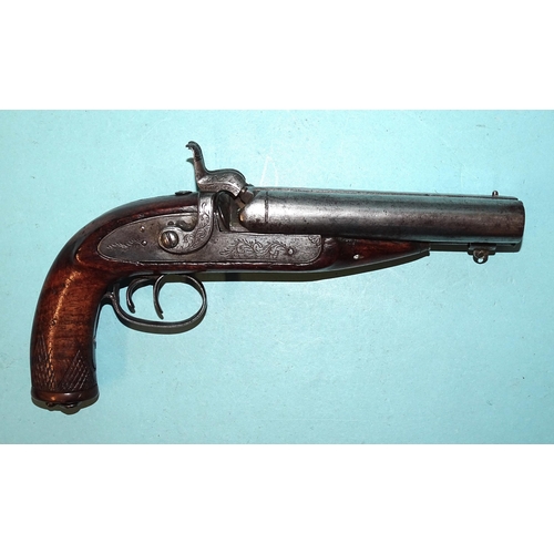 257 - A 19th century percussion double-barrelled pistol with 12cm barrels and walnut stock, 23cm overall a... 