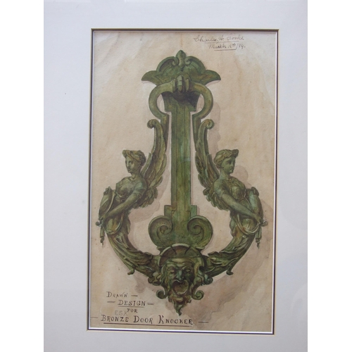 64 - Charles A Cooke (late-19th century) DESIGN FOR BRONZE DOOR KNOCKER, FRONT AND SIDE VIEWS Signed wate... 