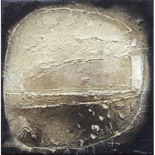7 - Robert Woolner (b.1946) ABSTRACT, SCORCHED Signed mixed media, dated '00, 40.5cm square, titled Alph... 