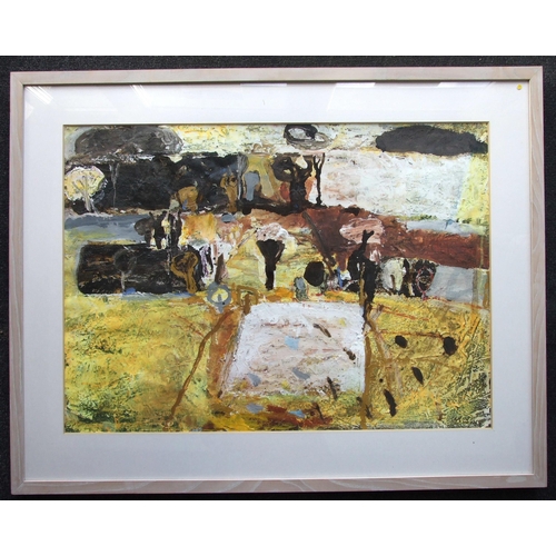 9 - Robert Woolner (b.1946) ABSTRACT, GOLDEN EVENINGS Signed mixed media on paper, 54.5 x 77cm, titled a... 