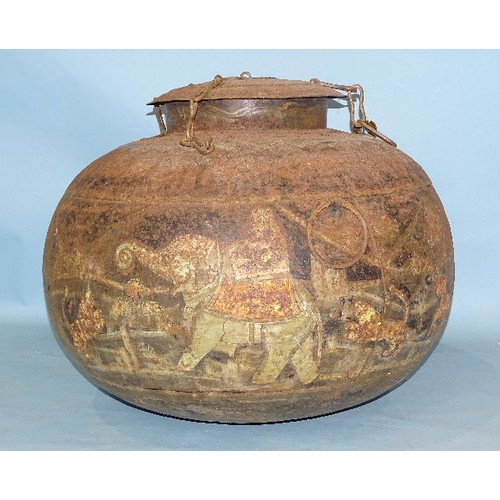 243 - An antique Asian metal spherical food or water container painted with figures riding elephants, tige... 