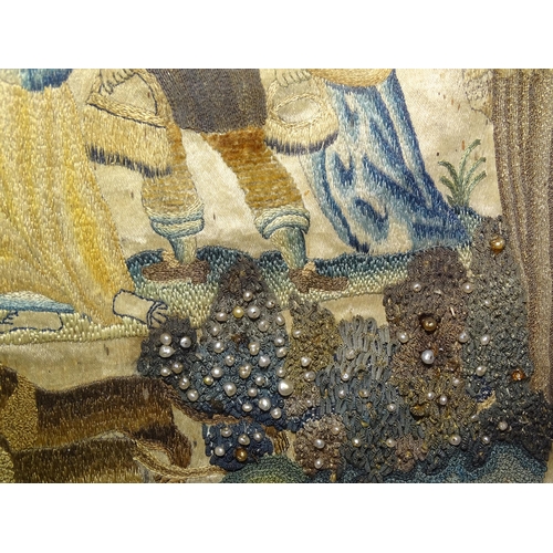 244 - A 17th century stumpwork embroidery picture depicting Noah and his family approaching the ark, toget... 