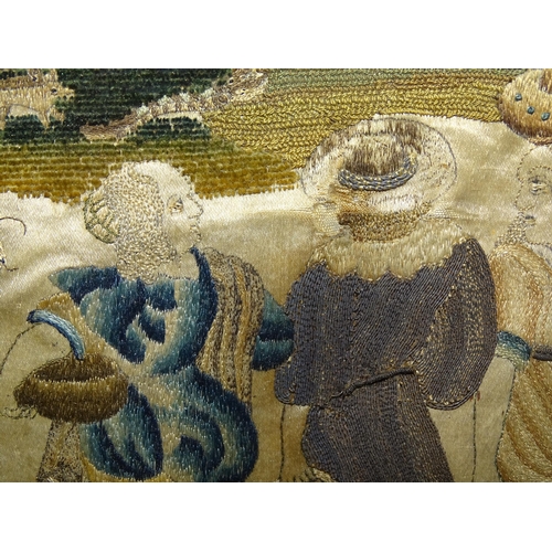 244 - A 17th century stumpwork embroidery picture depicting Noah and his family approaching the ark, toget... 