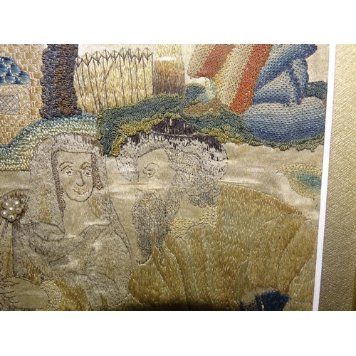 244 - A 17th century stumpwork embroidery picture depicting Noah and his family approaching the ark, toget... 