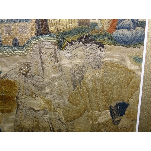 244 - A 17th century stumpwork embroidery picture depicting Noah and his family approaching the ark, toget... 