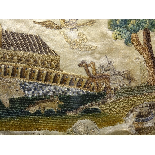 244 - A 17th century stumpwork embroidery picture depicting Noah and his family approaching the ark, toget... 