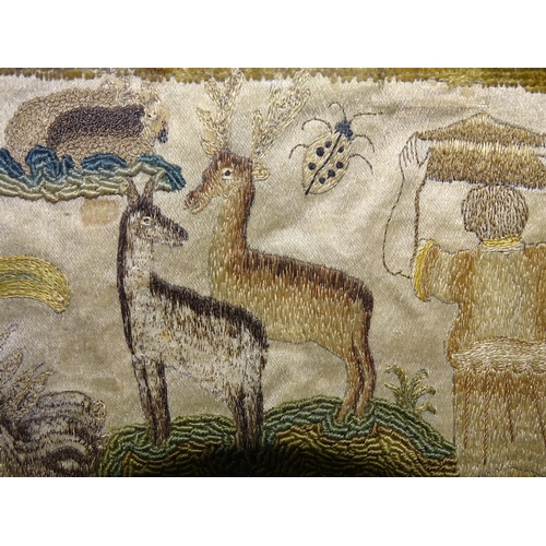 244 - A 17th century stumpwork embroidery picture depicting Noah and his family approaching the ark, toget... 