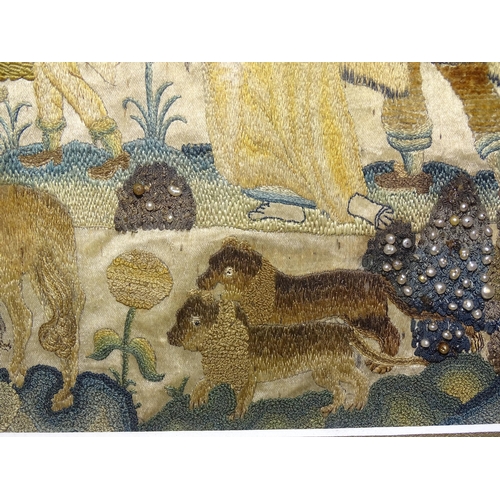 244 - A 17th century stumpwork embroidery picture depicting Noah and his family approaching the ark, toget... 