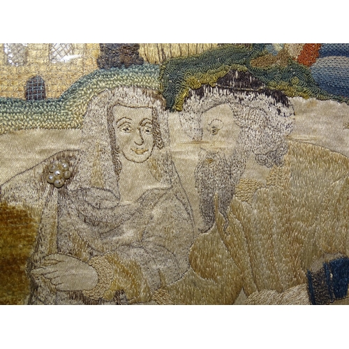 244 - A 17th century stumpwork embroidery picture depicting Noah and his family approaching the ark, toget... 