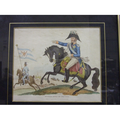 68 - A set of six coloured engravings depicting European royalty as military leaders, 23 x 27cm, (6).... 