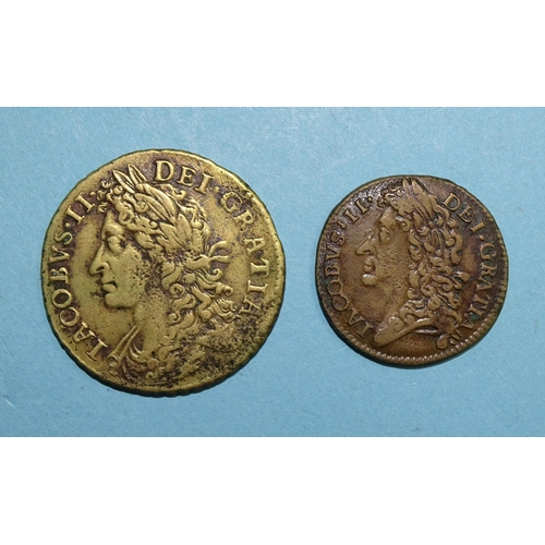 328 - A James II brass large half-crown or thirty-pence gun money coin, Aug. 1689 and a gun money shilling... 