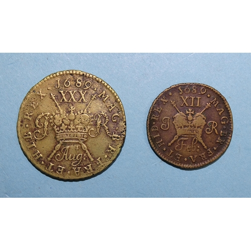 328 - A James II brass large half-crown or thirty-pence gun money coin, Aug. 1689 and a gun money shilling... 