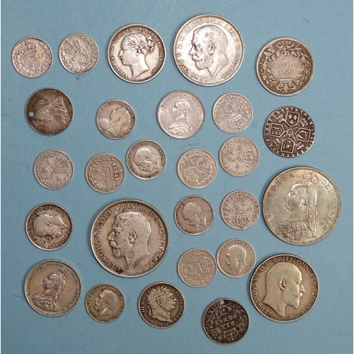 330 - A George III shilling 1787, sixpence 1816, three Victoria shillings 1839, 1884, 1887, sixpence 1887,... 