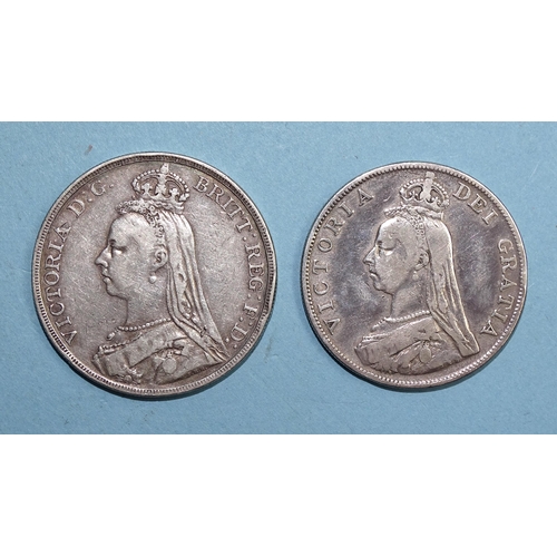 335 - A Queen Victoria 1887 double-florin and an 1889 crown, (2).