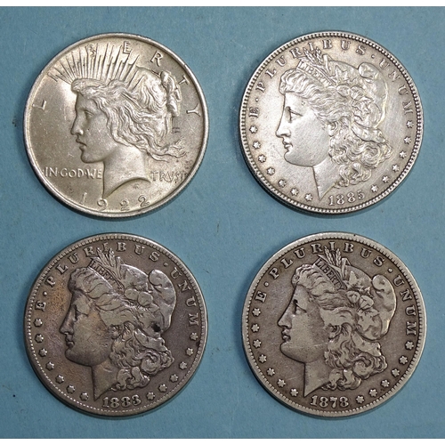 336 - Four USA dollars: 1878, 1883, 1885 and 1922, (4).