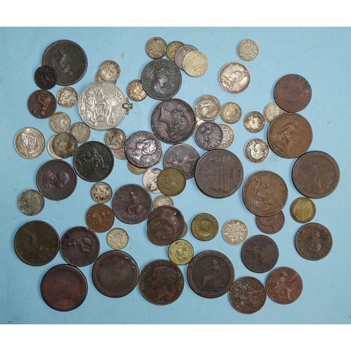 342 - A collection of mainly British coinage, including pre-1947 silver, a George II 1745 half-penny, Geor... 