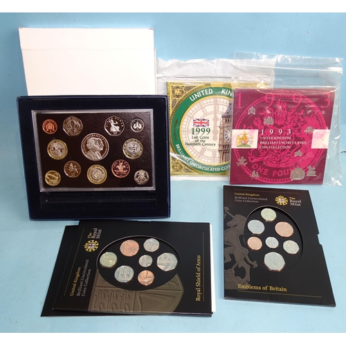 347 - Royal Mint 2007 proof coin collection, 2008 BU coin collections 'Royal Shield of Arms' and 'Emblems ... 