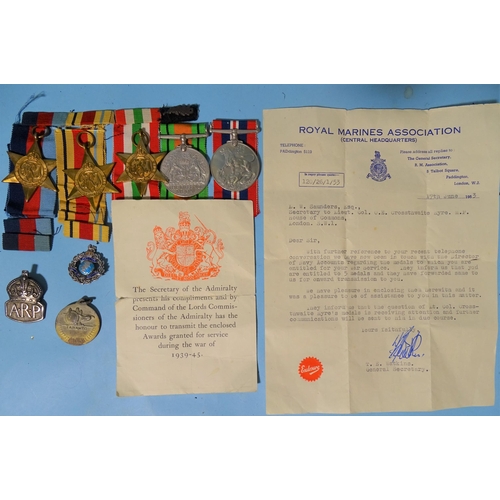 367 - A WWII group of five medals awarded to L W Saunders RM: 1939-45, Africa and Italy Stars, Defence and... 