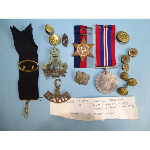 371 - A WWII pair awarded to Gnr Alfred RA James Samuel Shaddick, killed in action at Dunkirk, 28 May 1940... 