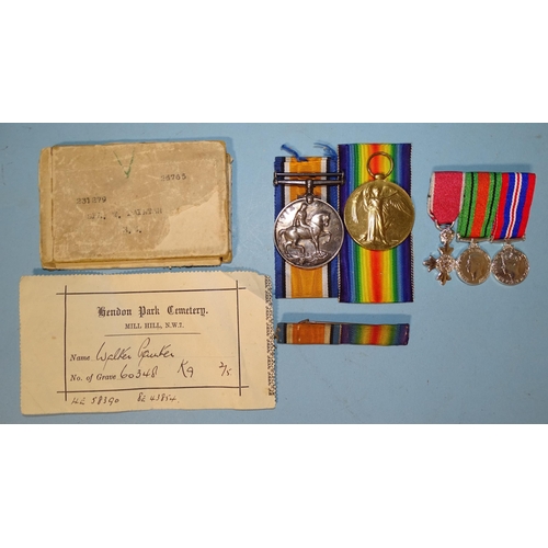 379 - A WWI pair awarded to: 231279 Spr W Painter RE, with ribbons, box and Hendon Park Cemetery grave sli... 