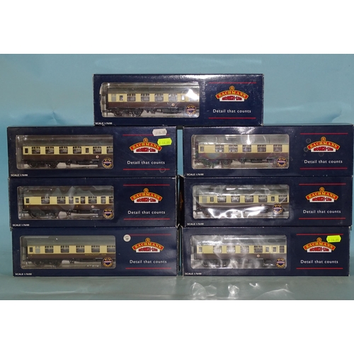 463 - Bachmann OO gauge, seven boxed BR chocolate/cream Mk1 coaches: 39-029A, 39-054 (x2), 39-079, 39-129,... 