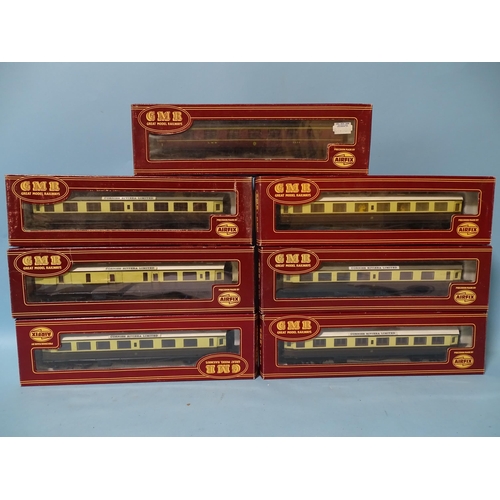 529 - Airfix GMR OO gauge, seven boxed coaches: six GWR chocolate and cream 54207-6 (x4), 54209-2 (x2) and... 