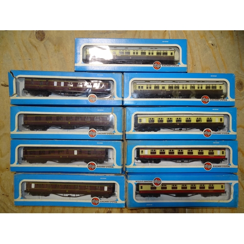 532 - Airfix OO gauge, nine boxed coaches, to include four LMS maroon, two LMS crimson/cream and two BR ch... 