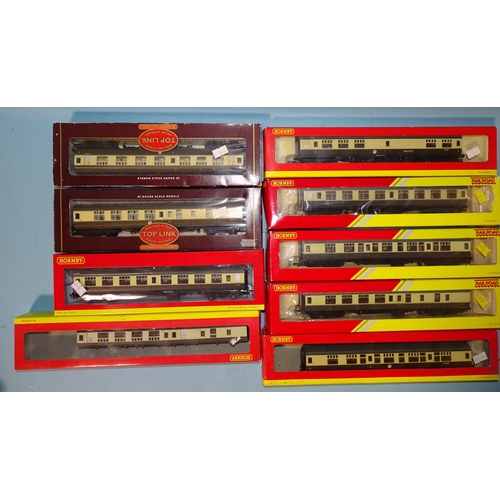 556 - Hornby OO gauge, nine boxed BR chocolate/cream coaches: R438, R4050, R4208, R4209A, R4211, R4353-435... 