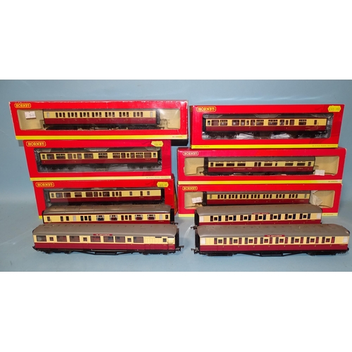 557 - Hornby OO gauge, six boxed BR carmine and cream coaches: R4242, R4244A, R4269, R4407, R4408 and R440... 