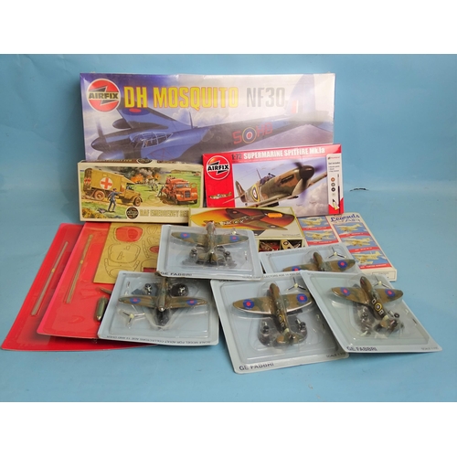 639 - Six Ge Fabri diecast models of spitfires in unopened blister packs, three boxed Airfix aviation mode... 