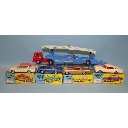 642 - Corgi, Gift Set 28, Carrimore Car Transporter with Bioford Tractor and four cars: 2118 Studebaker 