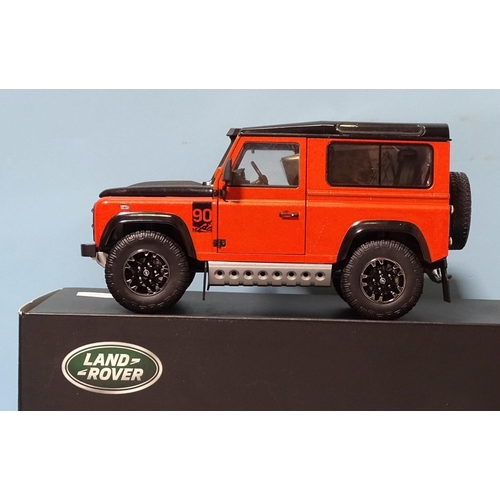 664 - Kyosho, 1:18 scale Land Rover Defender 90, (boxed), (metallic orange).